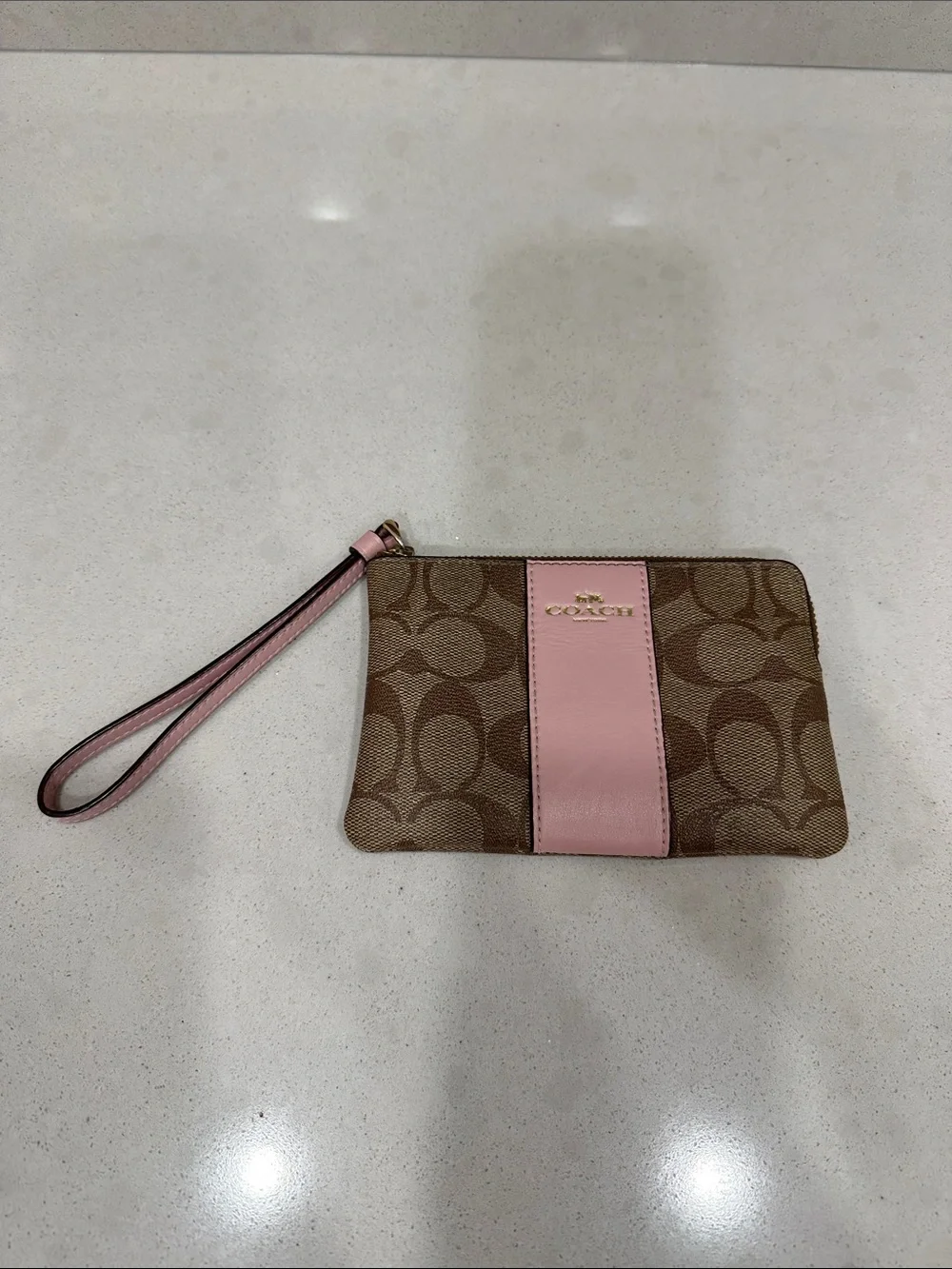 Coach Brown Signature Canvas Wristlet with Pink Stripe